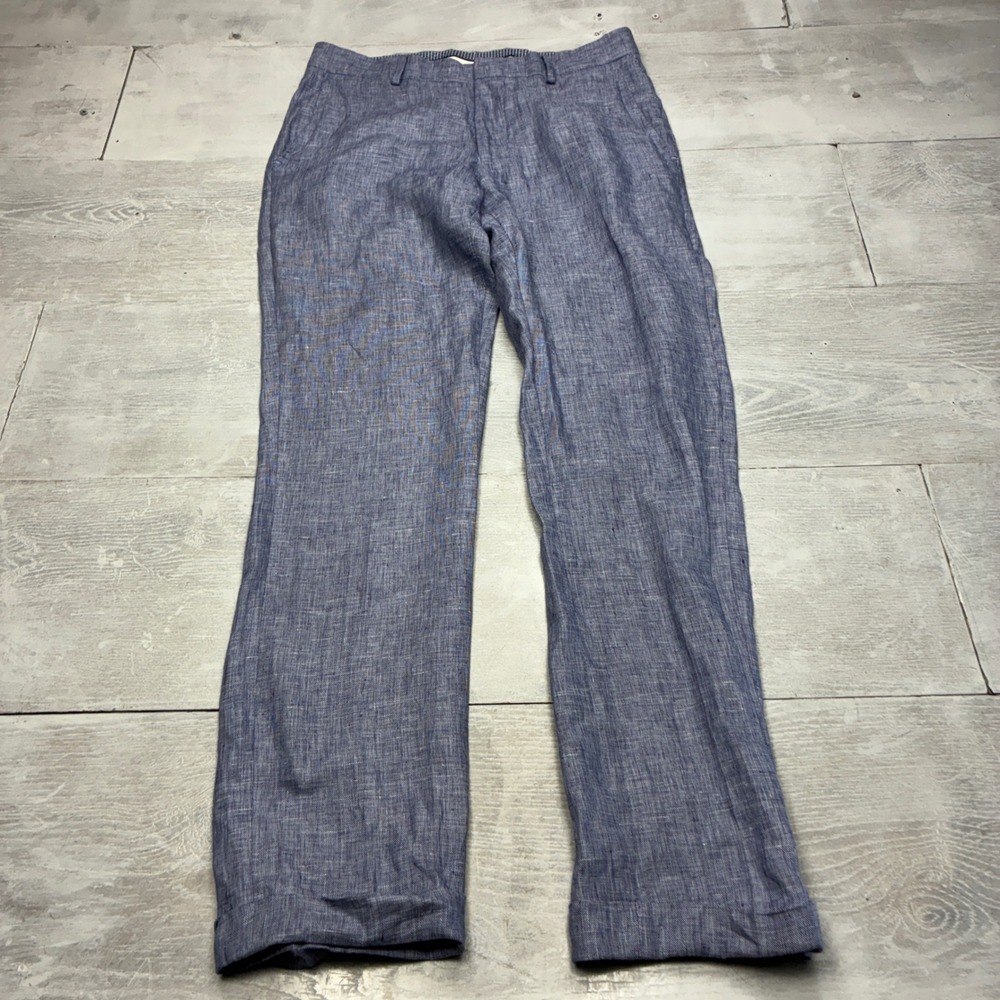Murano Baird McNutt Linen Pants Mens 30x32 Blue Alex Fit Flat Front Trousers